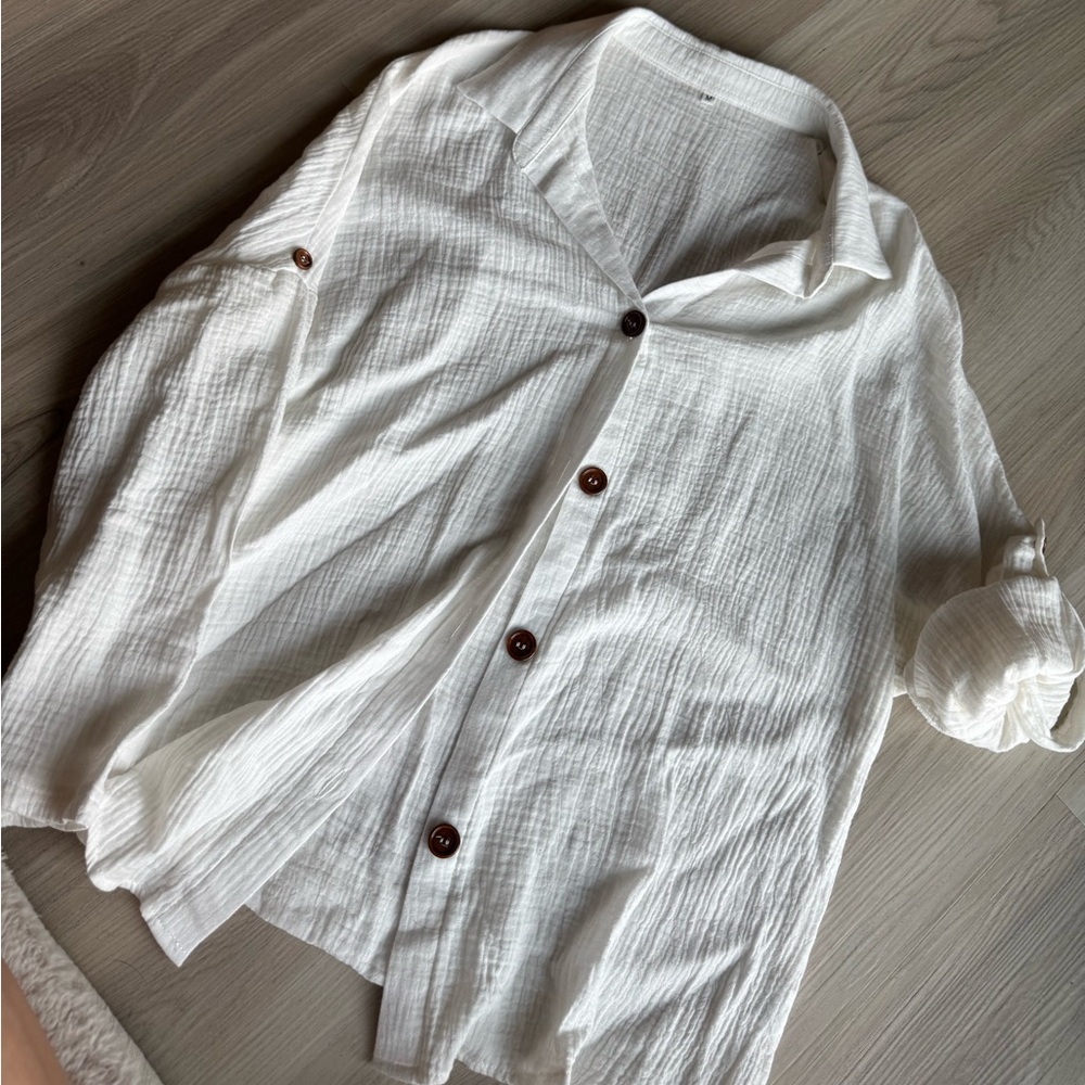 White Button-Up Shirt with Brown Buttons